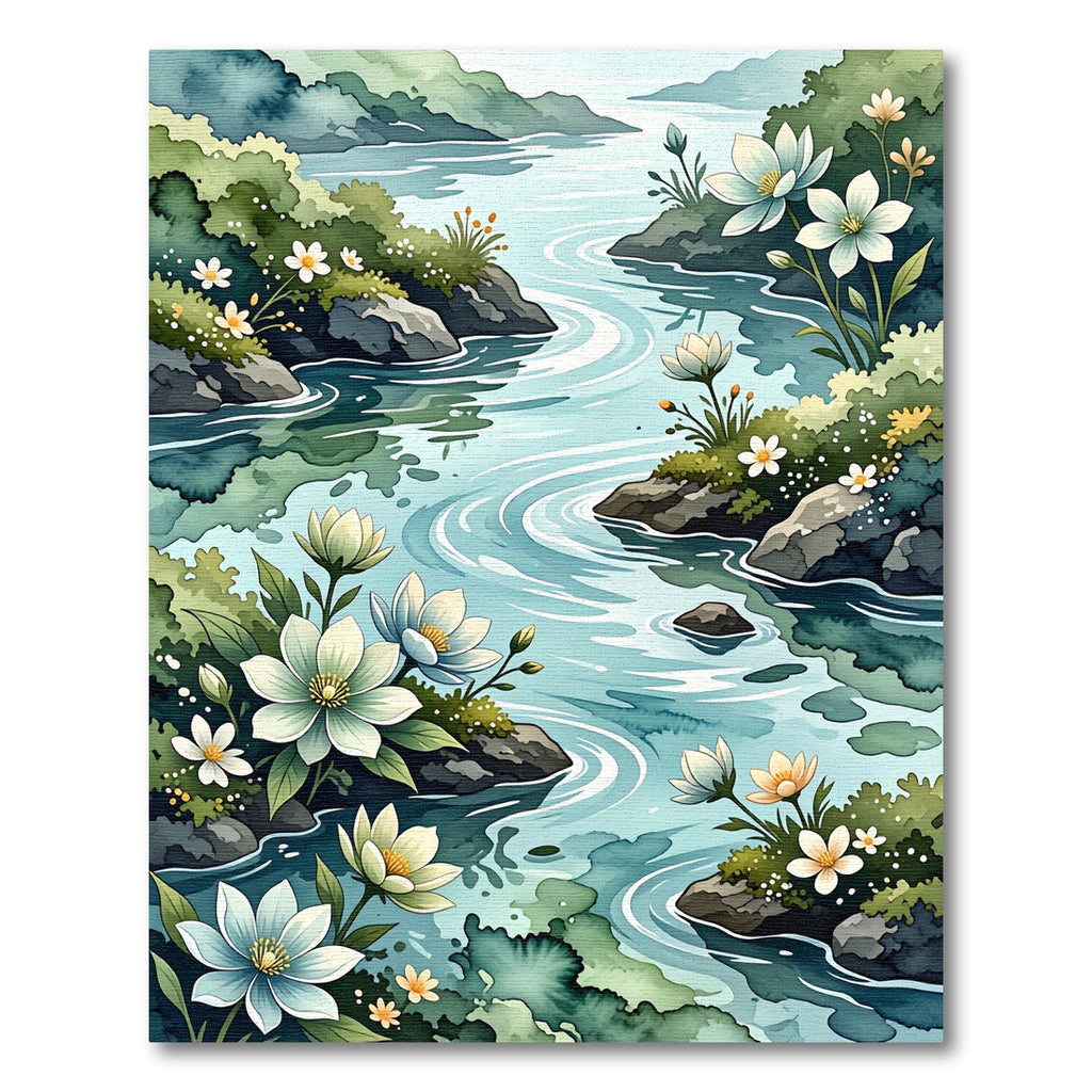 Serene Watercolor River with Wildflowers Rug