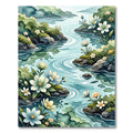 Serene Watercolor River with Wildflowers Rug