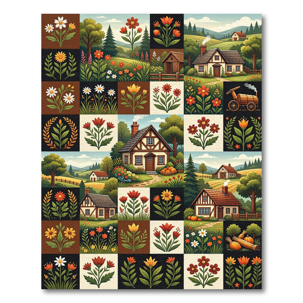 Rustic Cottage Farmhouse Floral Grid Rug