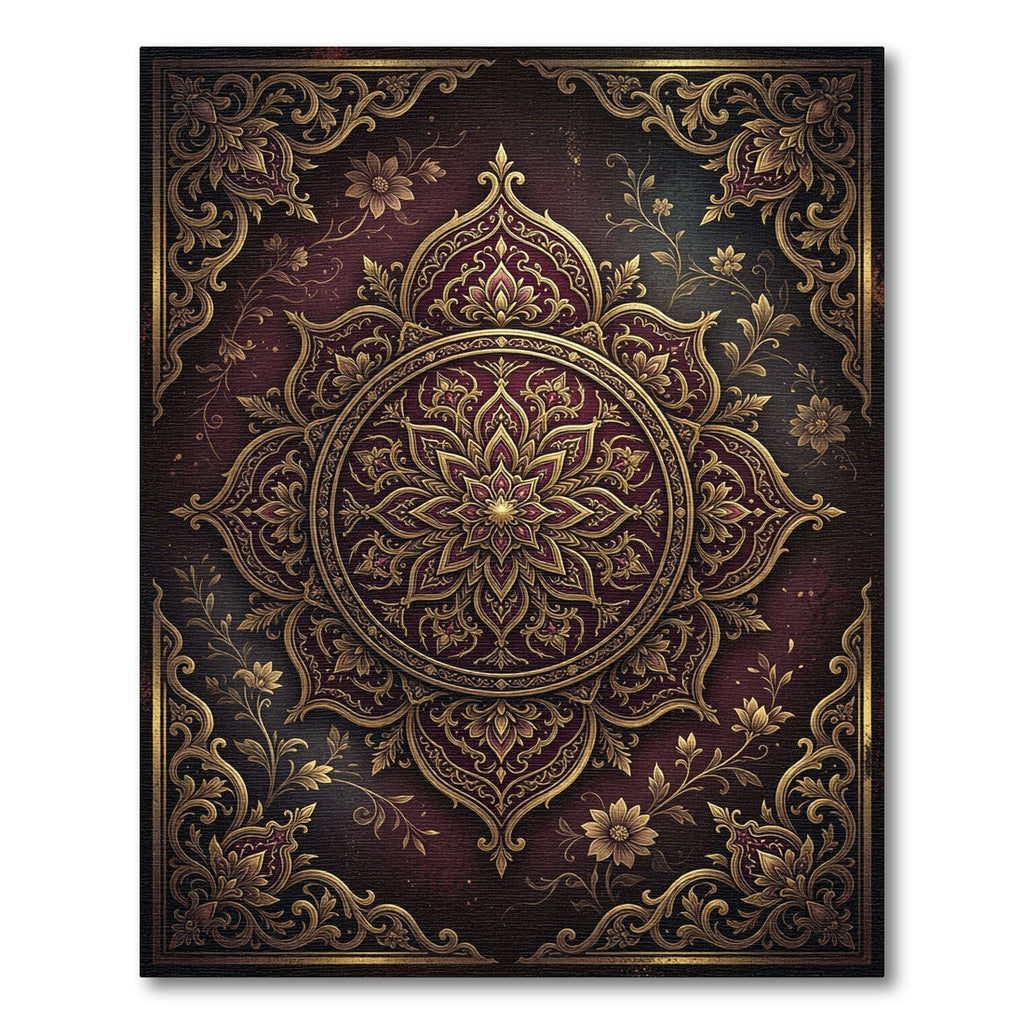 Ornate Golden Floral Deep Burgundy Medallion Rug