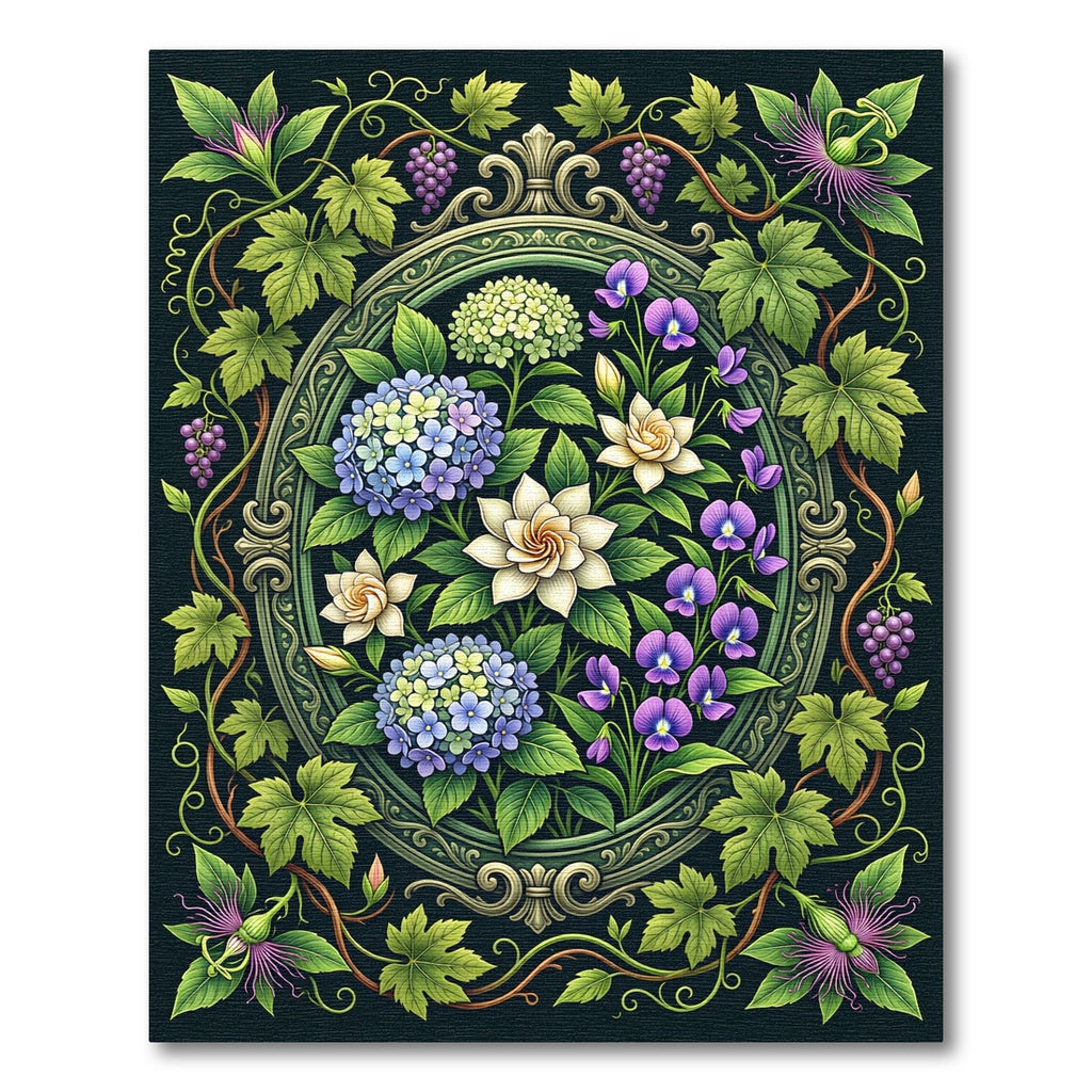 Vintage Botanical Hydrangea Vine Oval Focal Rug