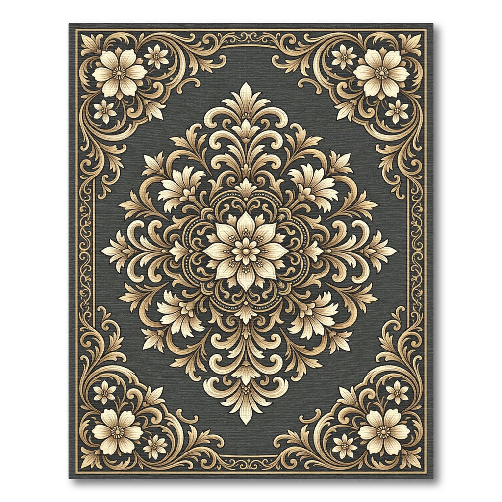 Golden Floral Damask Scrollwork Rug