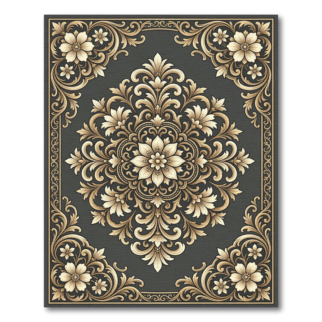 Golden Floral Damask Scrollwork Rug