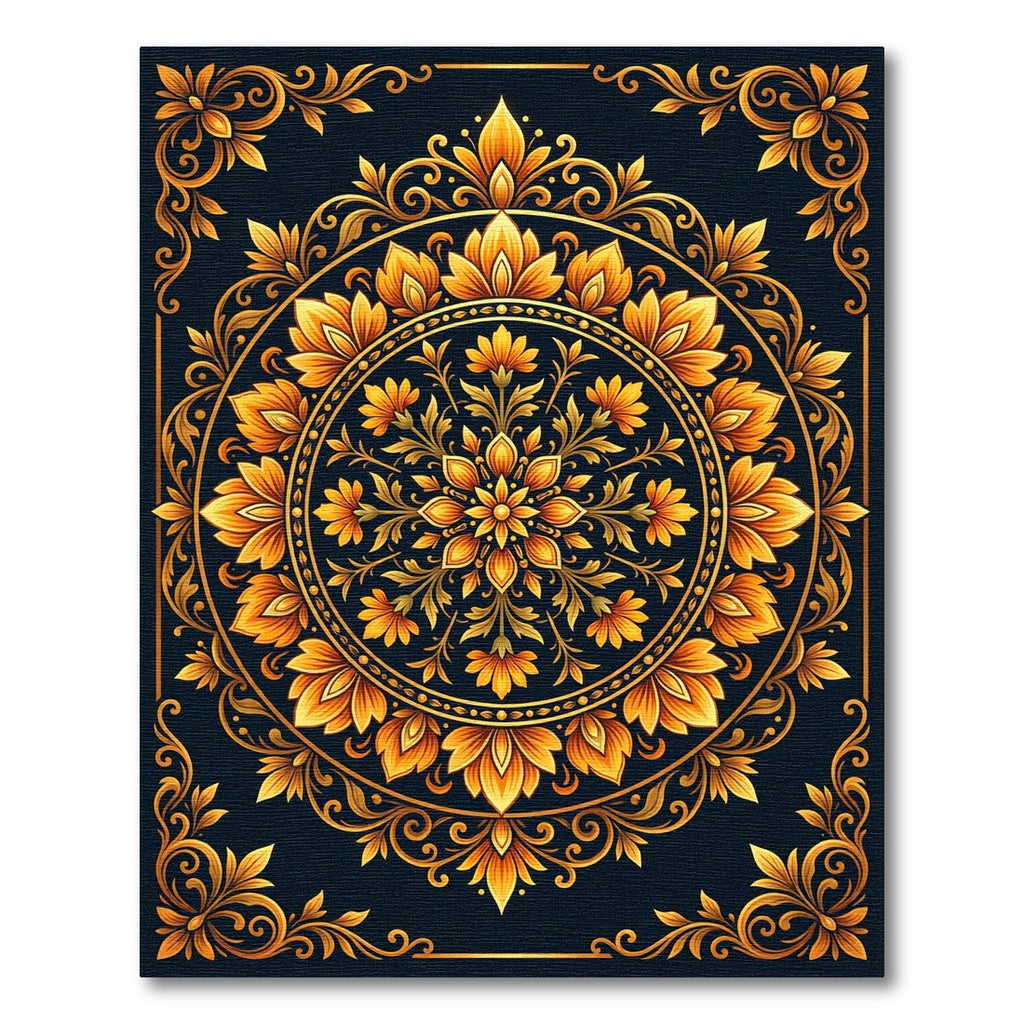 Ornate Golden Floral Circular Medallion Rug