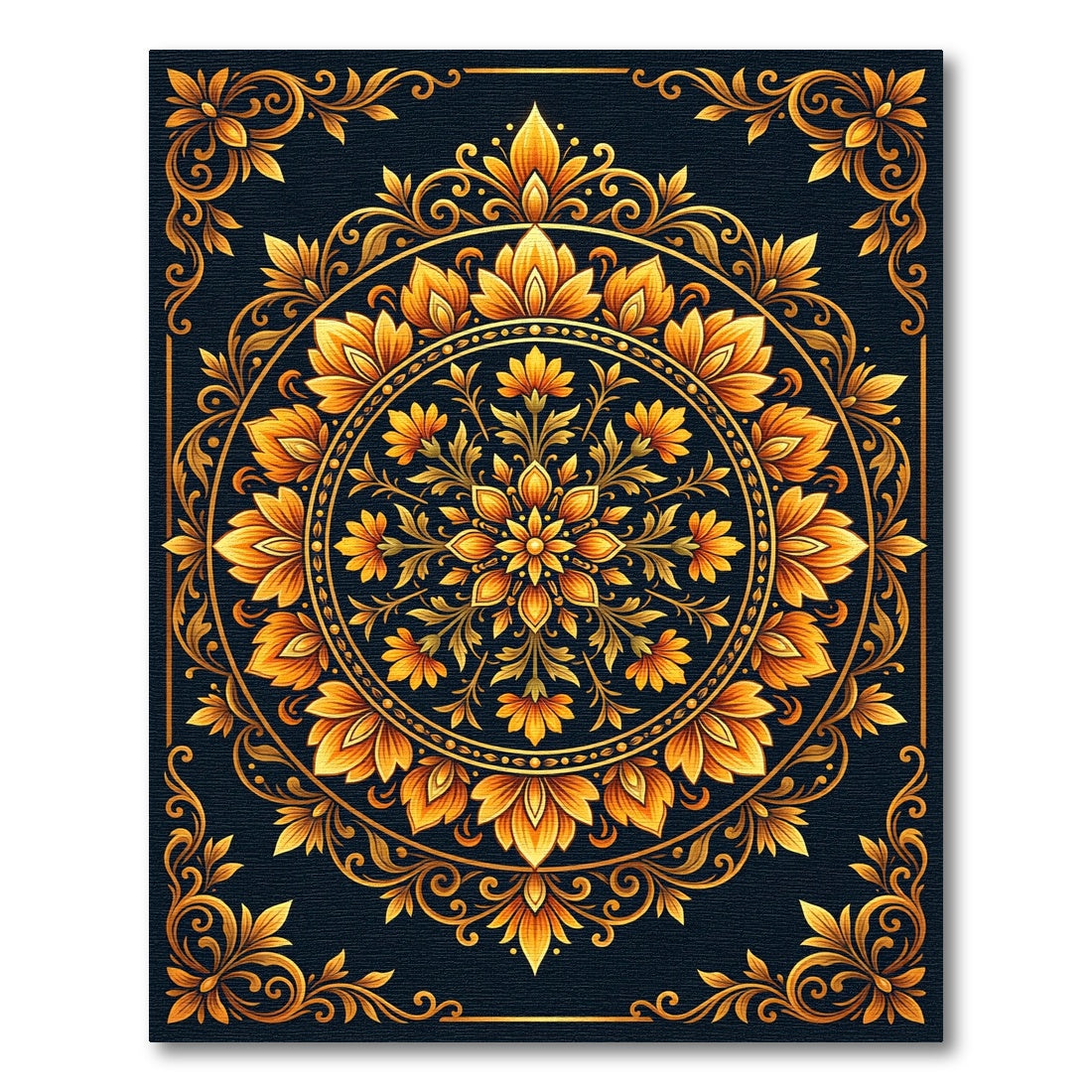 Ornate Golden Floral Circular Medallion Rug