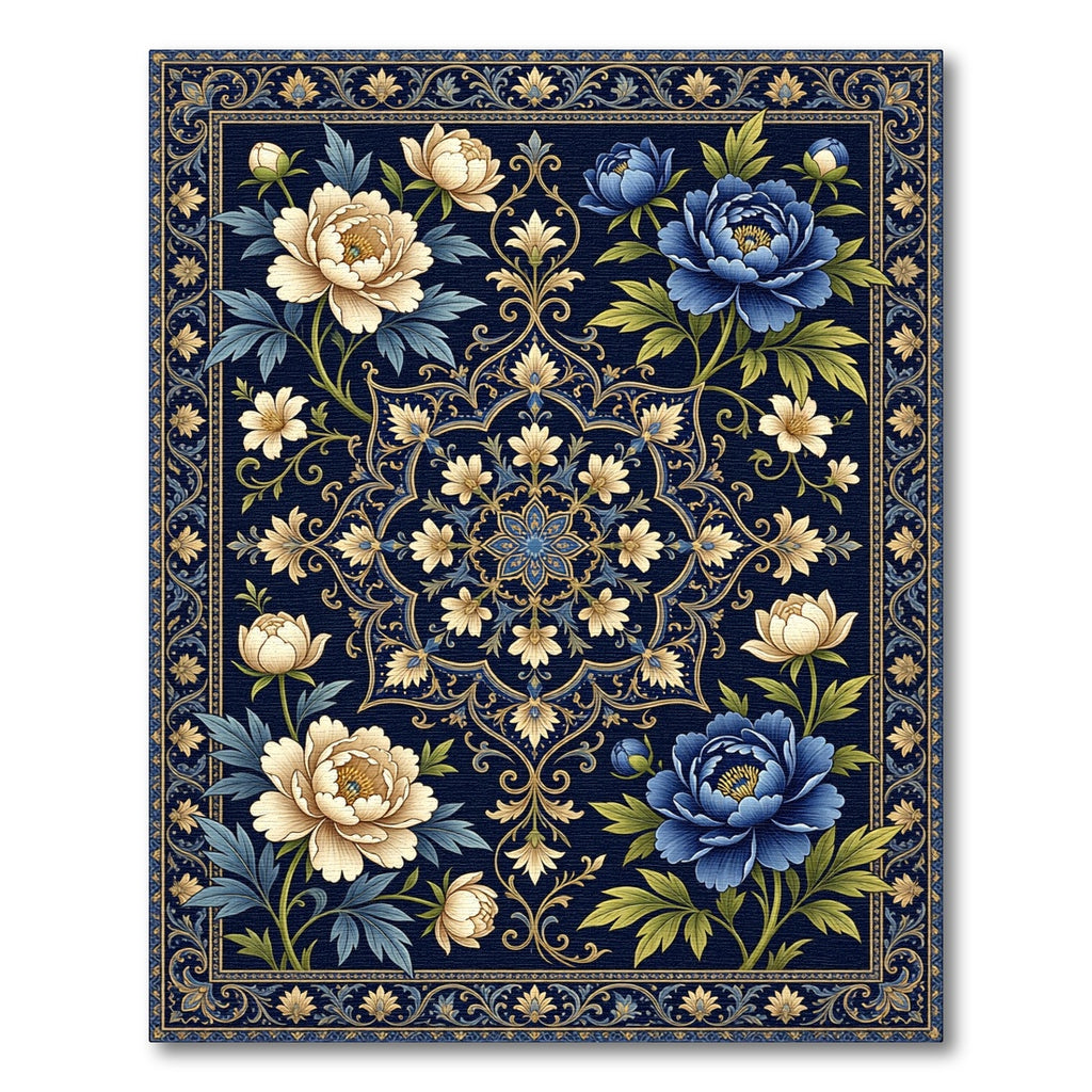 Midnight Blue Floral Gold Medallion Area Rug