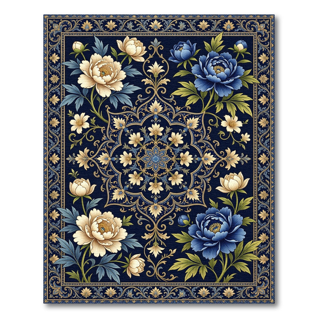 Midnight Blue Floral Gold Medallion Area Rug