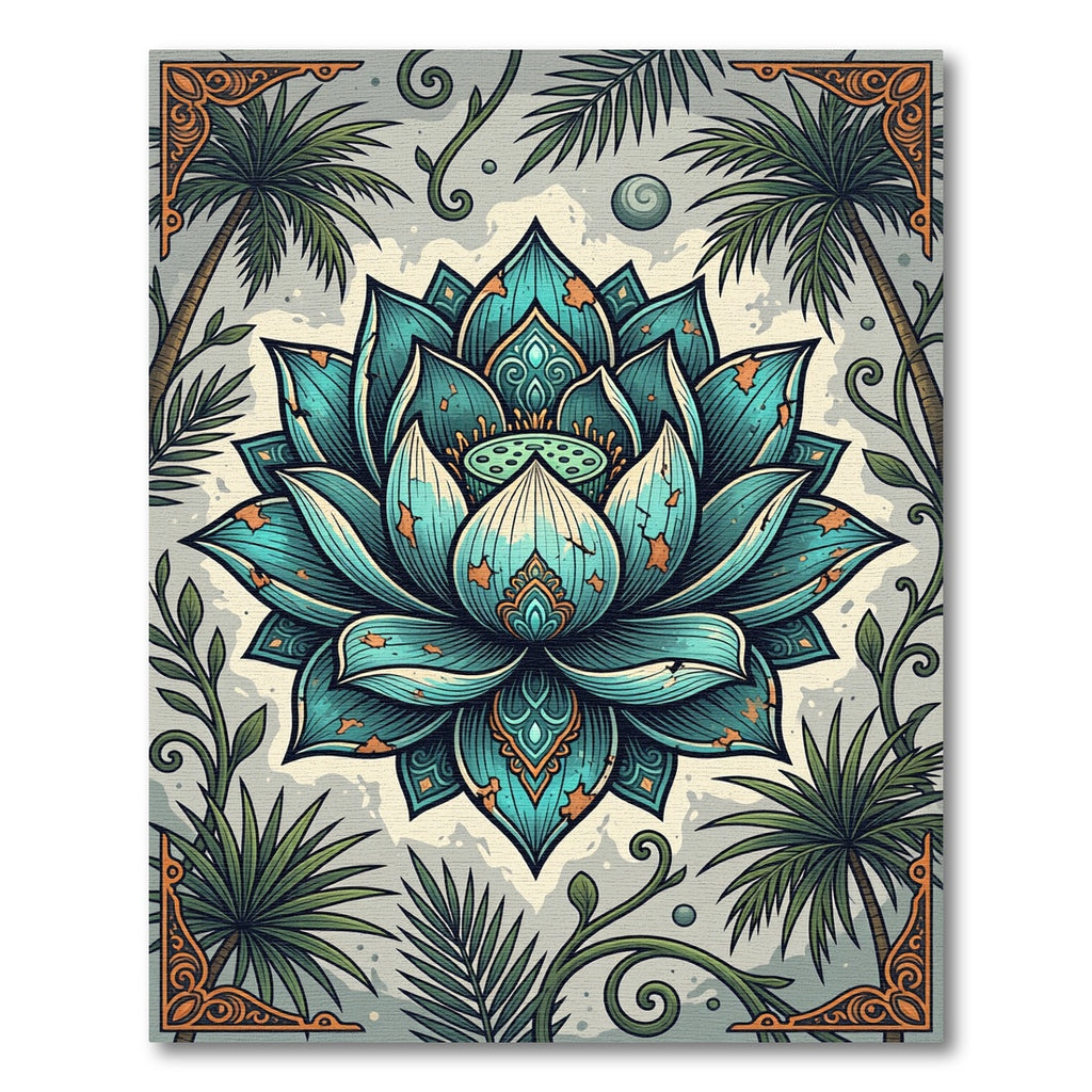 Teal Lotus Blossom with Tropical Palm Foliage Rug