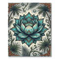 Teal Lotus Blossom with Tropical Palm Foliage Rug