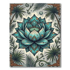Teal Lotus Blossom with Tropical Palm Foliage Rug