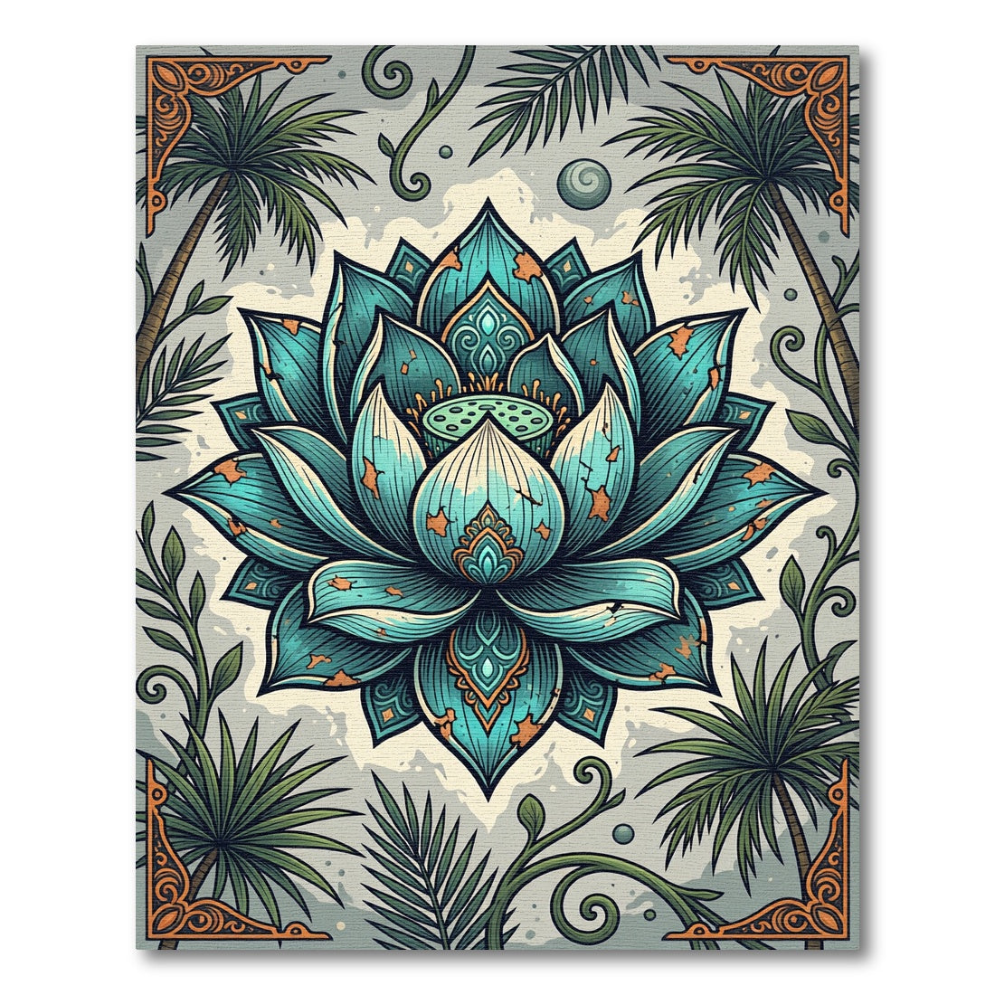 Teal Lotus Blossom with Tropical Palm Foliage Rug