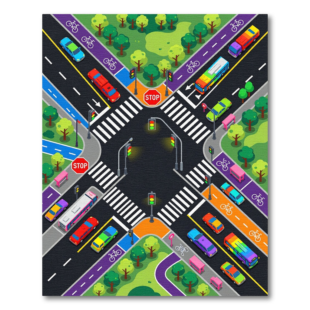 Vibrant Isometric City Traffic Street Grid Rug