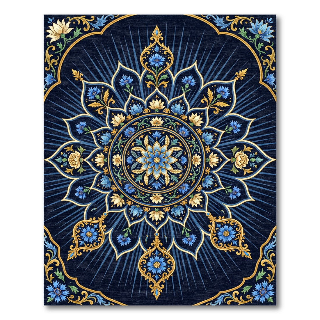 Midnight Blue Floral Medallion Mandala Rug