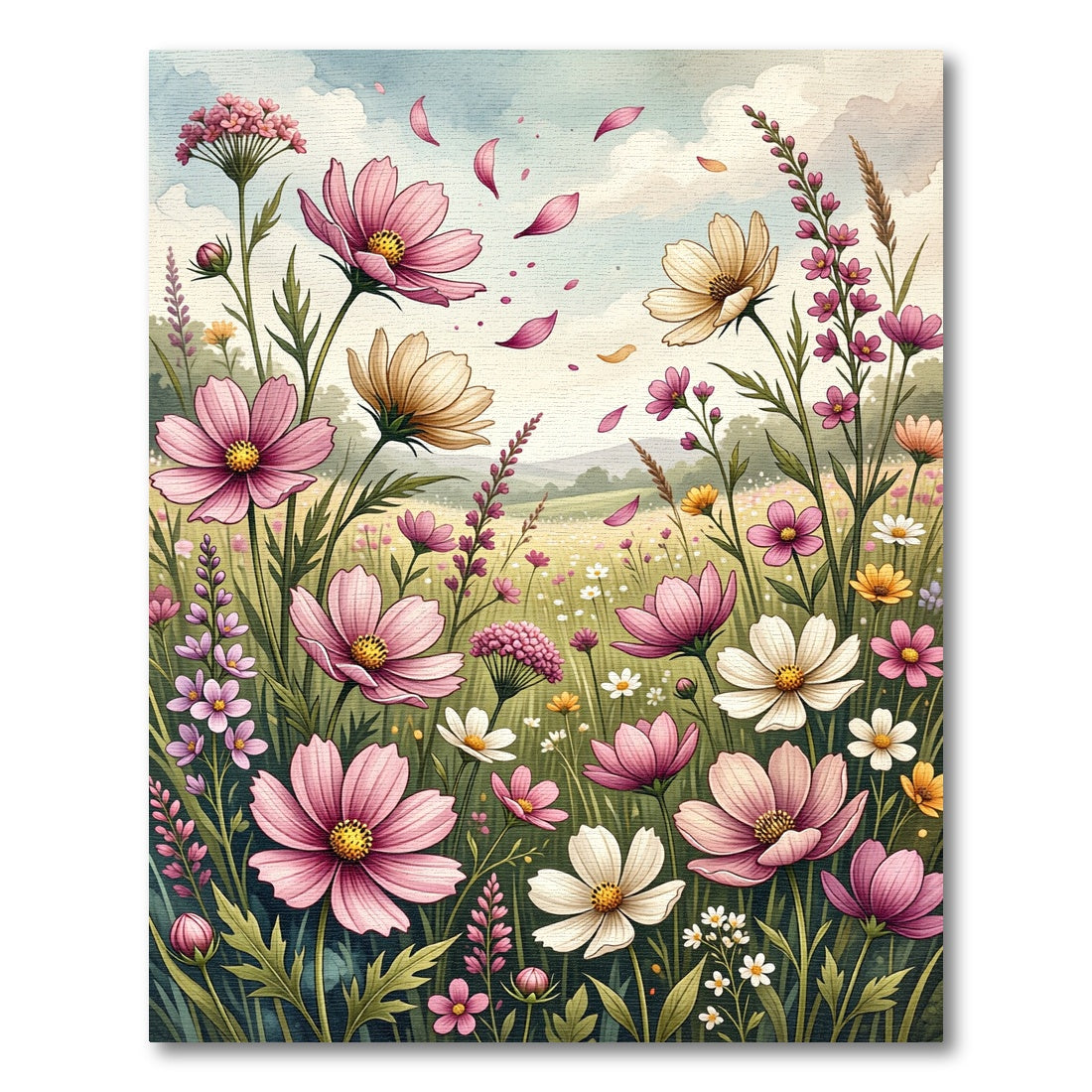 Watercolor Meadow Cosmos Floral Field Rug