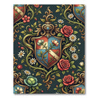 Elegantly Ornate Heraldic Rose Floral Scroll Rug