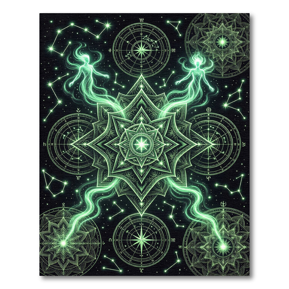 Luminous Celestial Green Mandala Starry Tapestry Rug