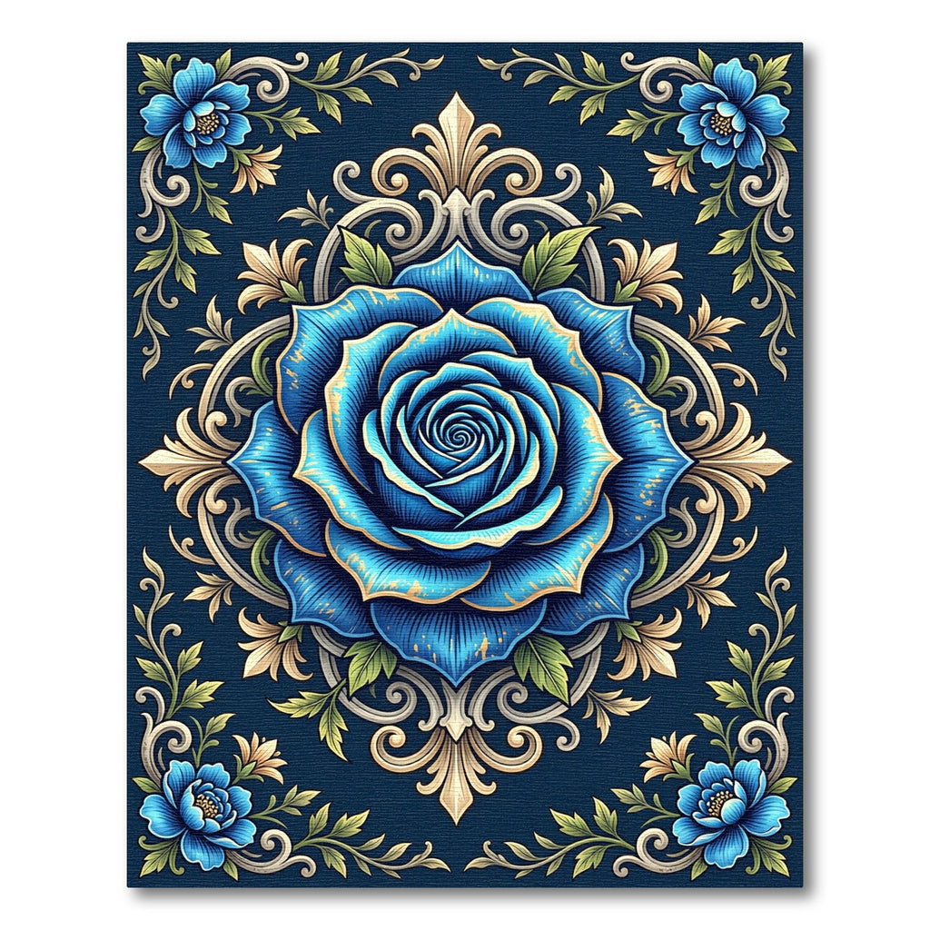 Elegant Blue Rose Filigree Medallion Rug