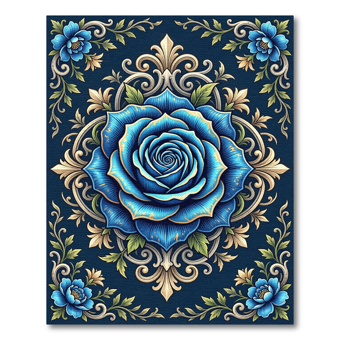 Elegant Blue Rose Filigree Medallion Rug
