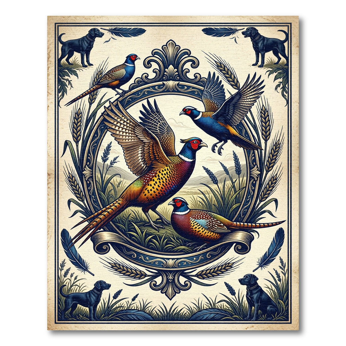 Vintage Field Pheasant and Labrador Illustration Rug