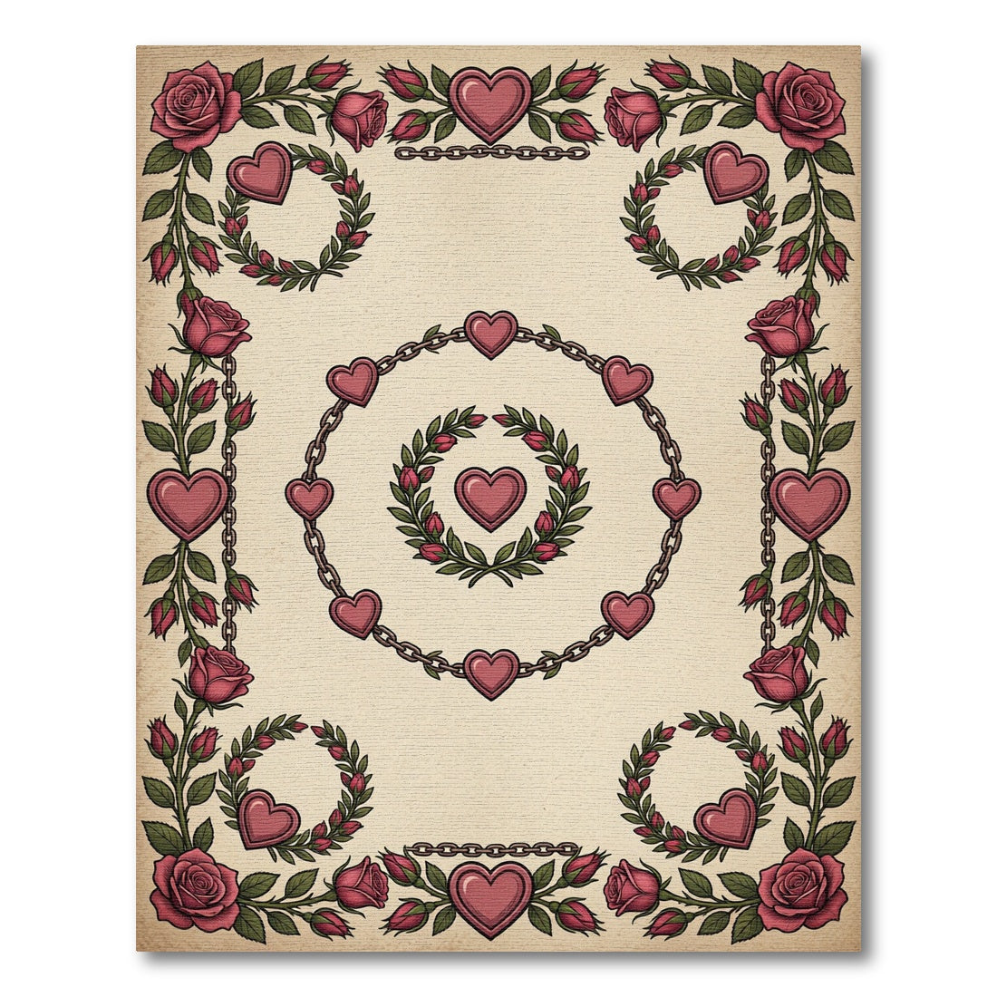 Crimson Rose Heart Chain Border Rug