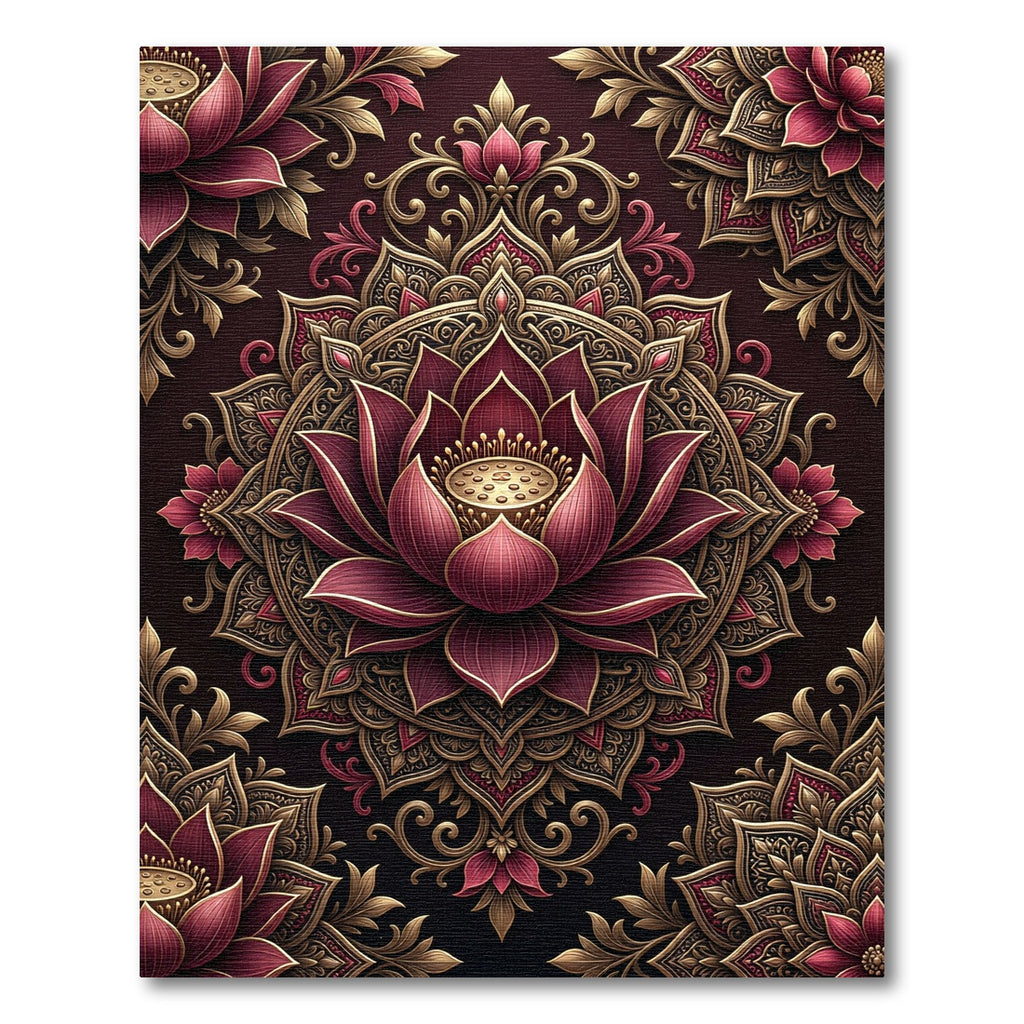 Rich Burgundy Golden Lotus Mandala Rug