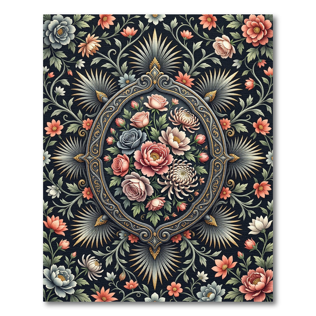 Dark Floral Blossom Medallion Imprint Rug
