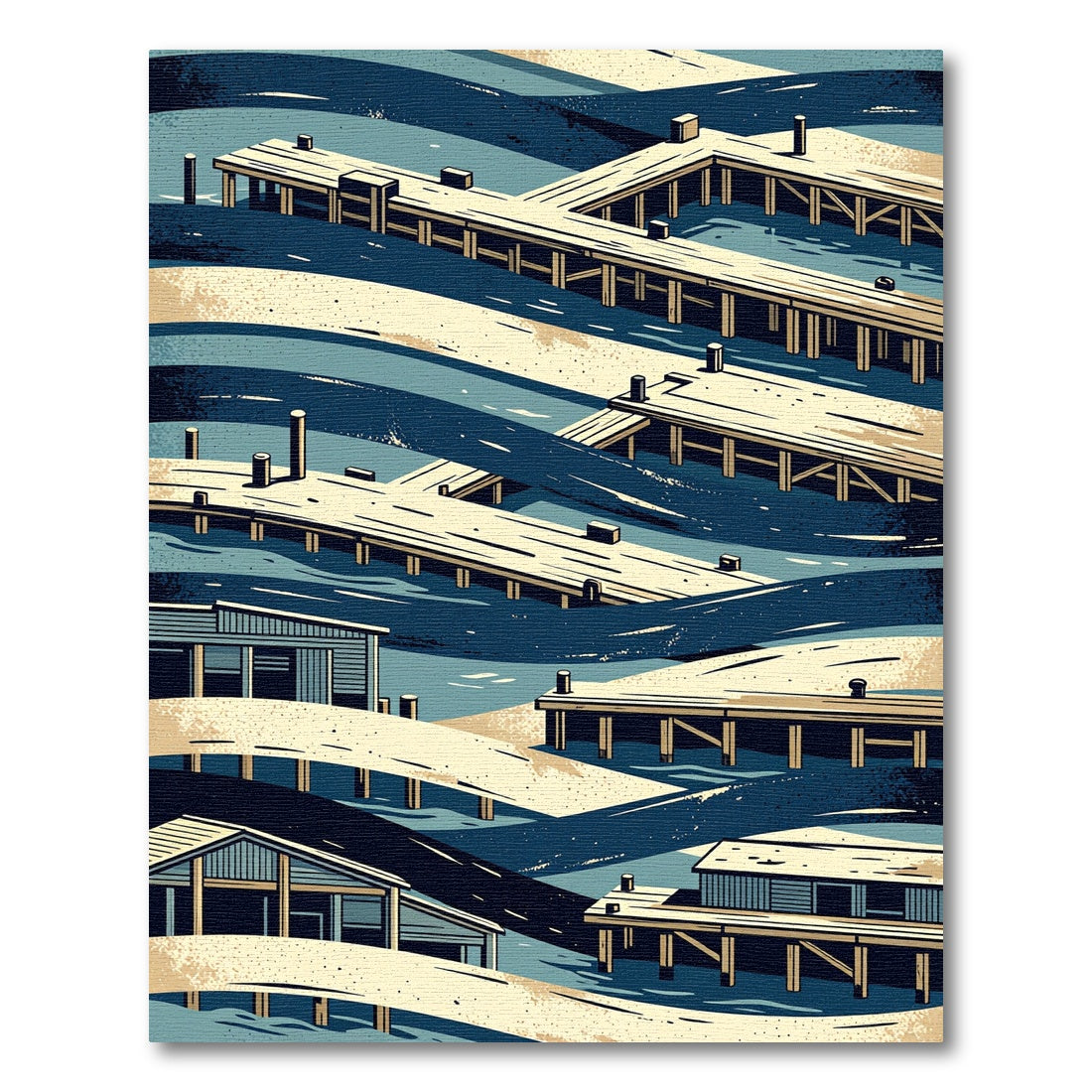Geometric Navy Coastal Pier Shoreline Rug