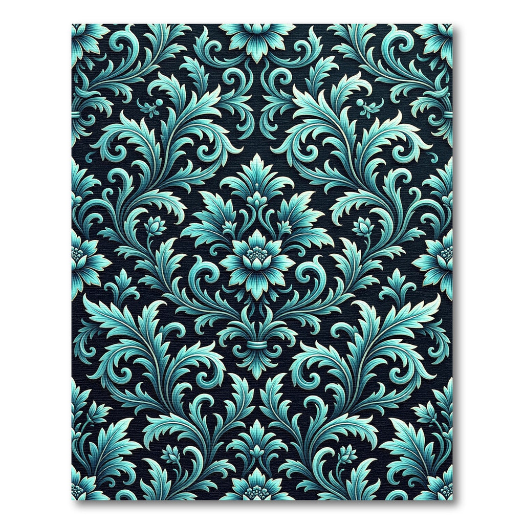 Elegant Teal Damask Floral Scroll Rug