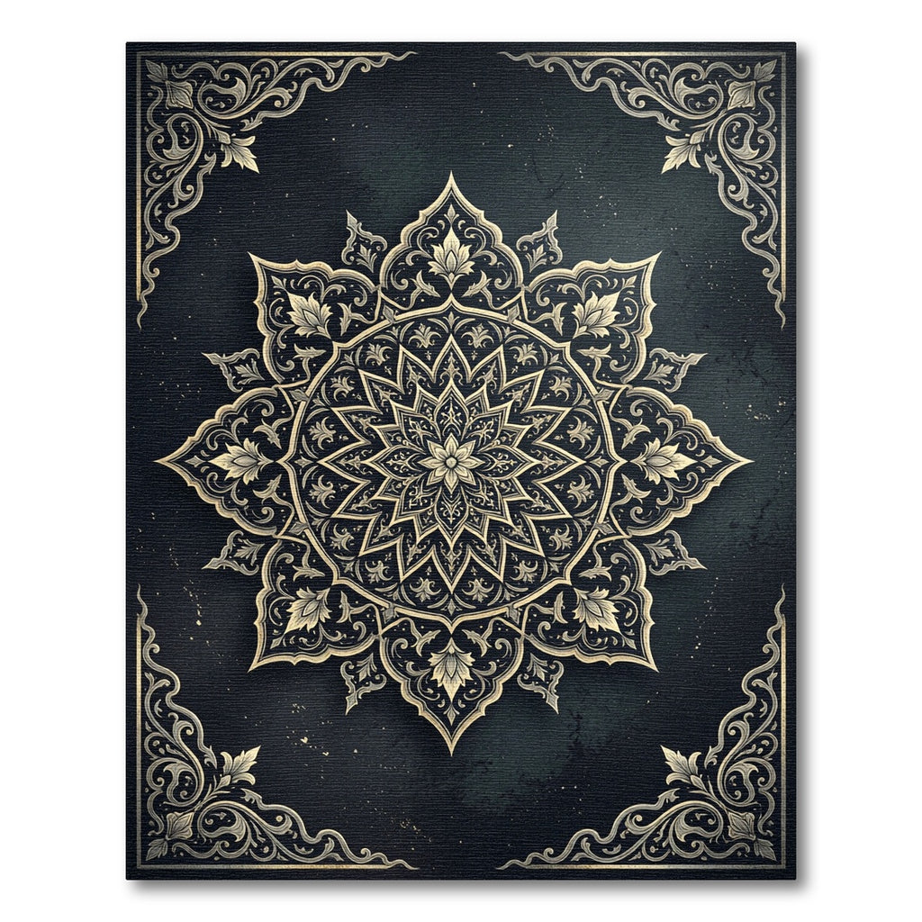 Ornate Midnight Gold Floral Mandala Rug