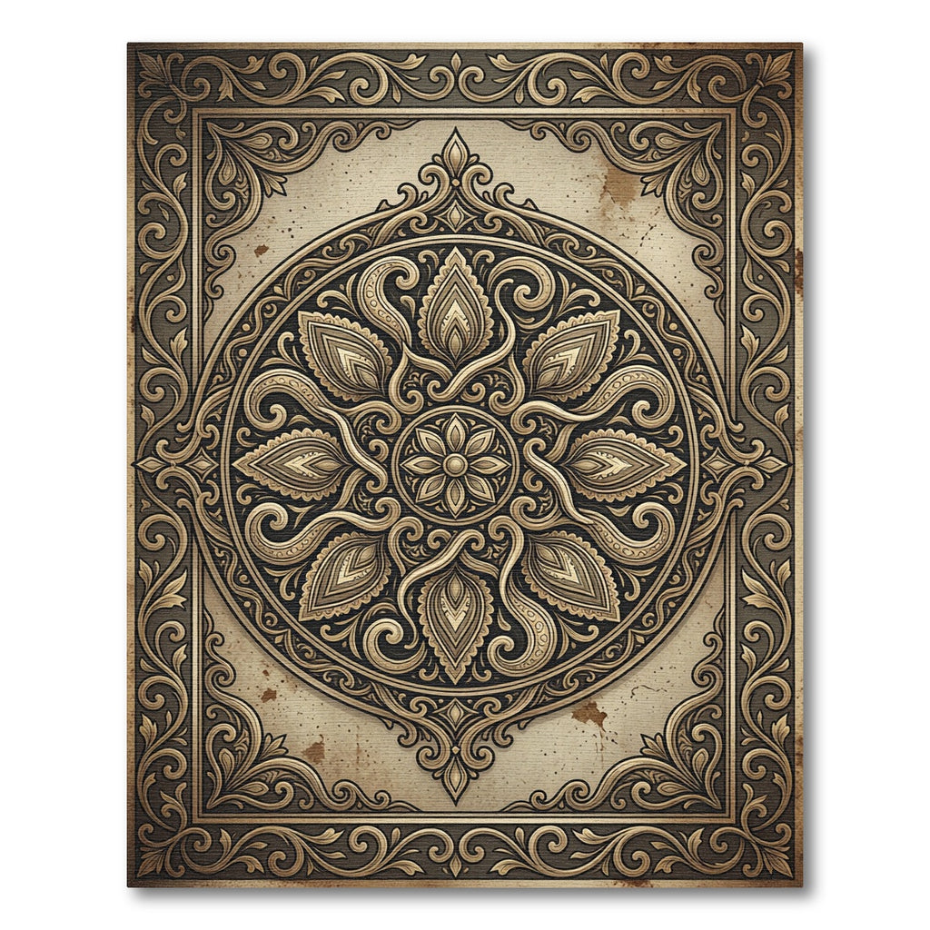 Ornate Golden Circular Floral Medallion Rug