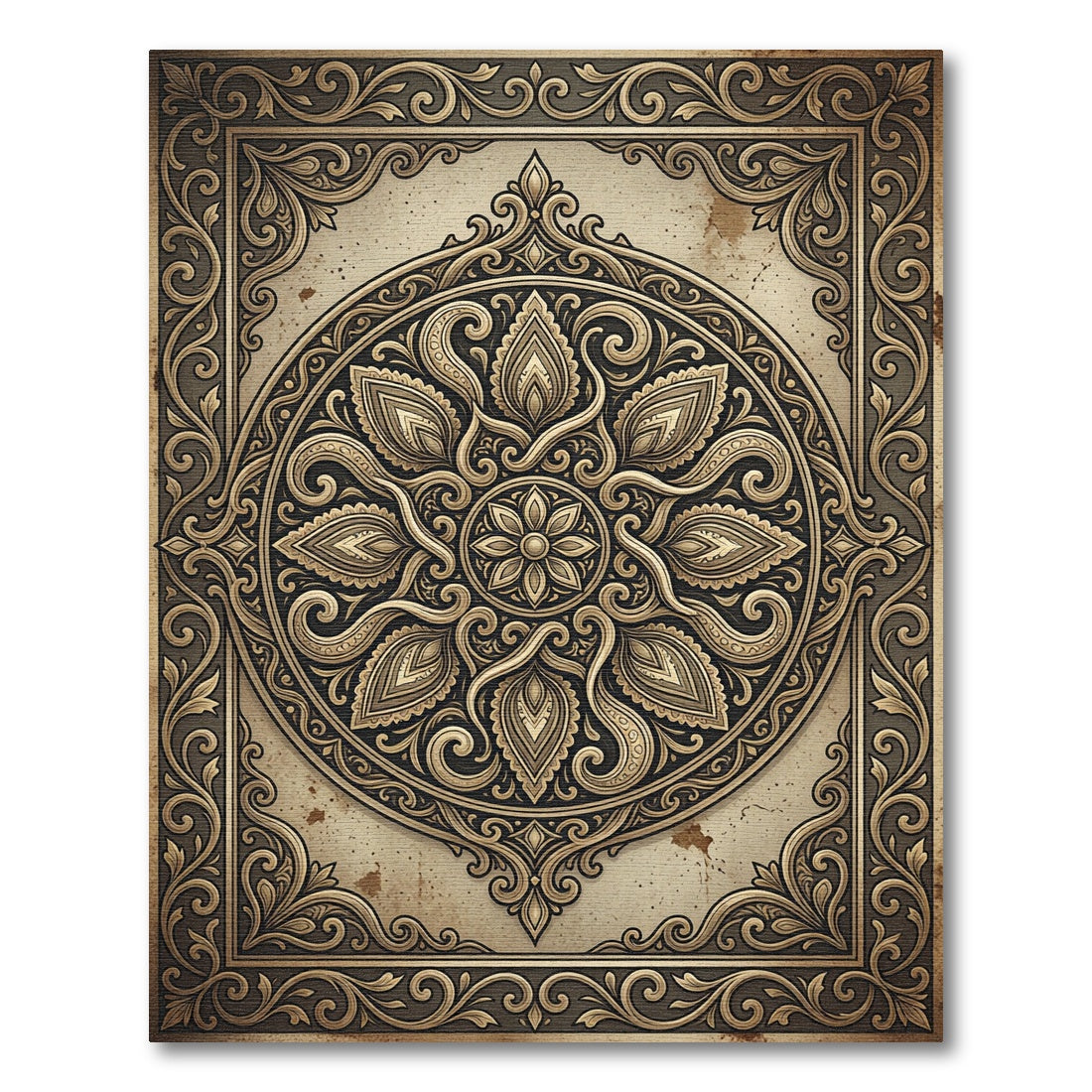 Ornate Golden Circular Floral Medallion Rug