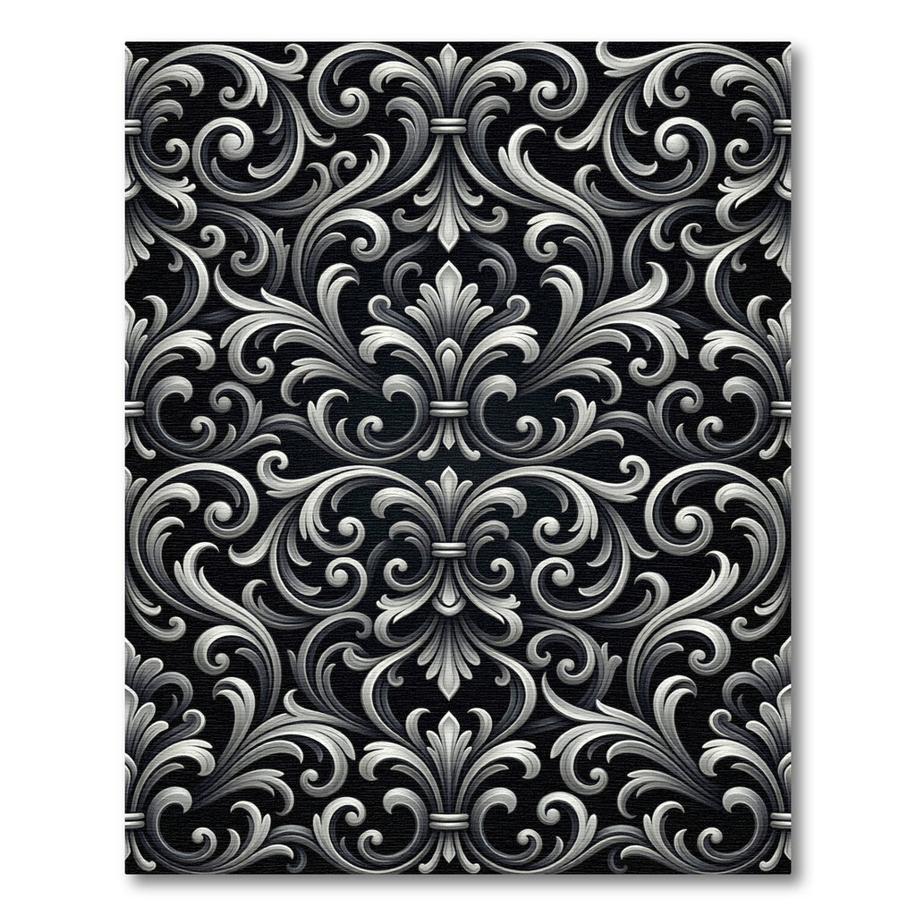 Elegant Silver Monochrome Ornate Damask Rug