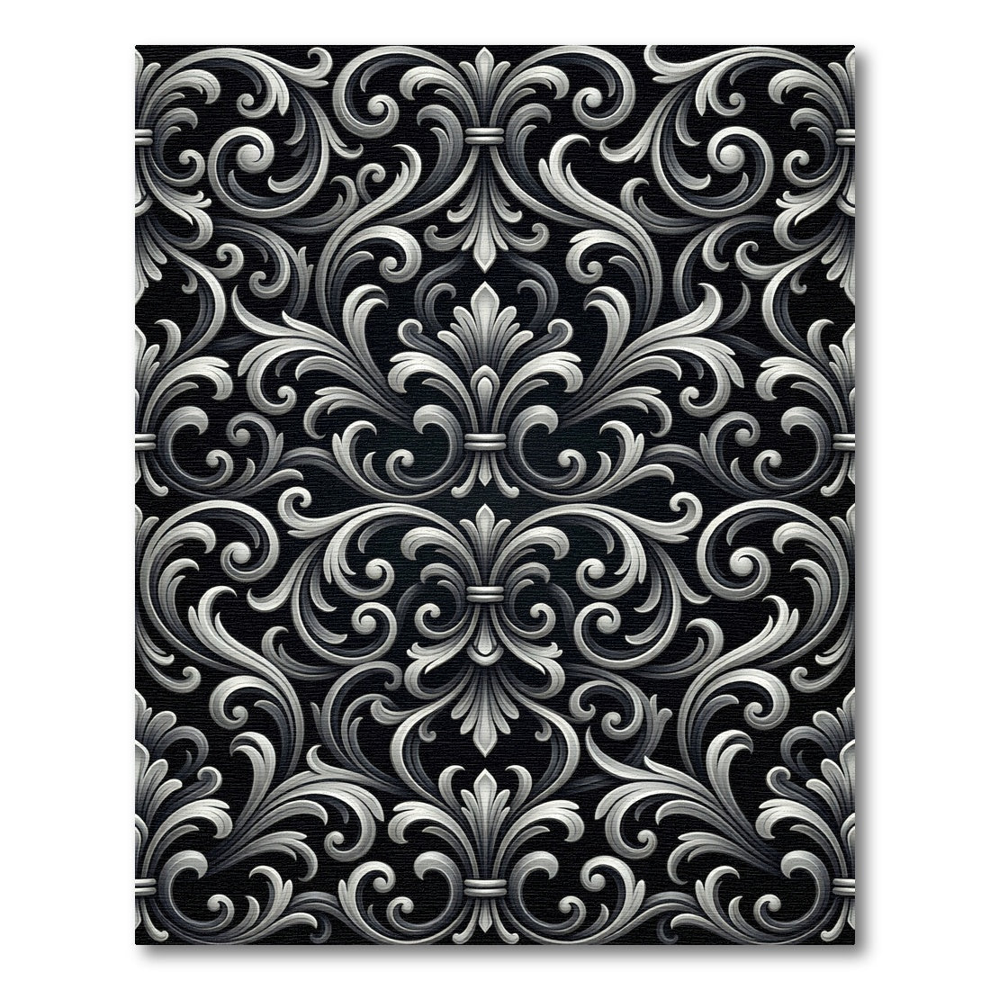 Elegant Silver Monochrome Ornate Damask Rug