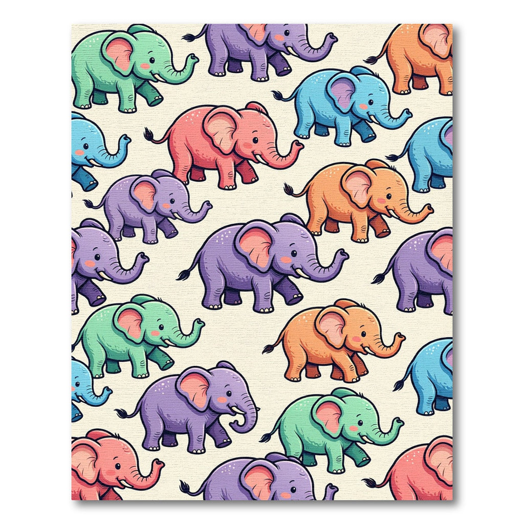 Whimsical Multi-color Elephant Parade Illustration Rug