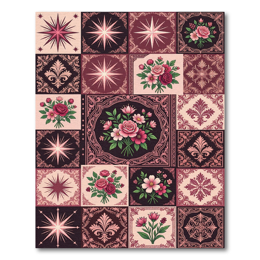 Vintage Floral Starburst Tile Collage Rug