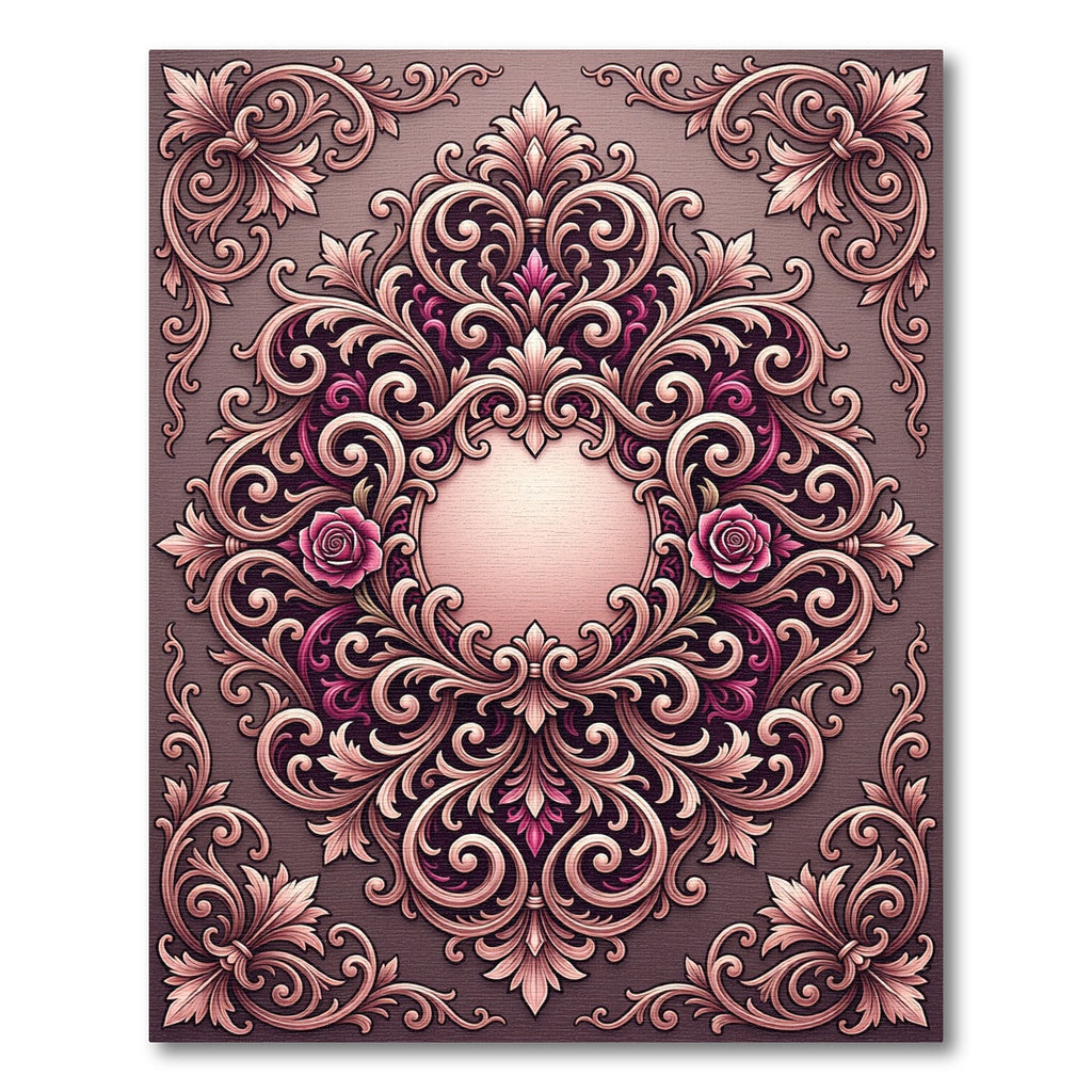 Ornate Rose and Scrollwork Framed Rug