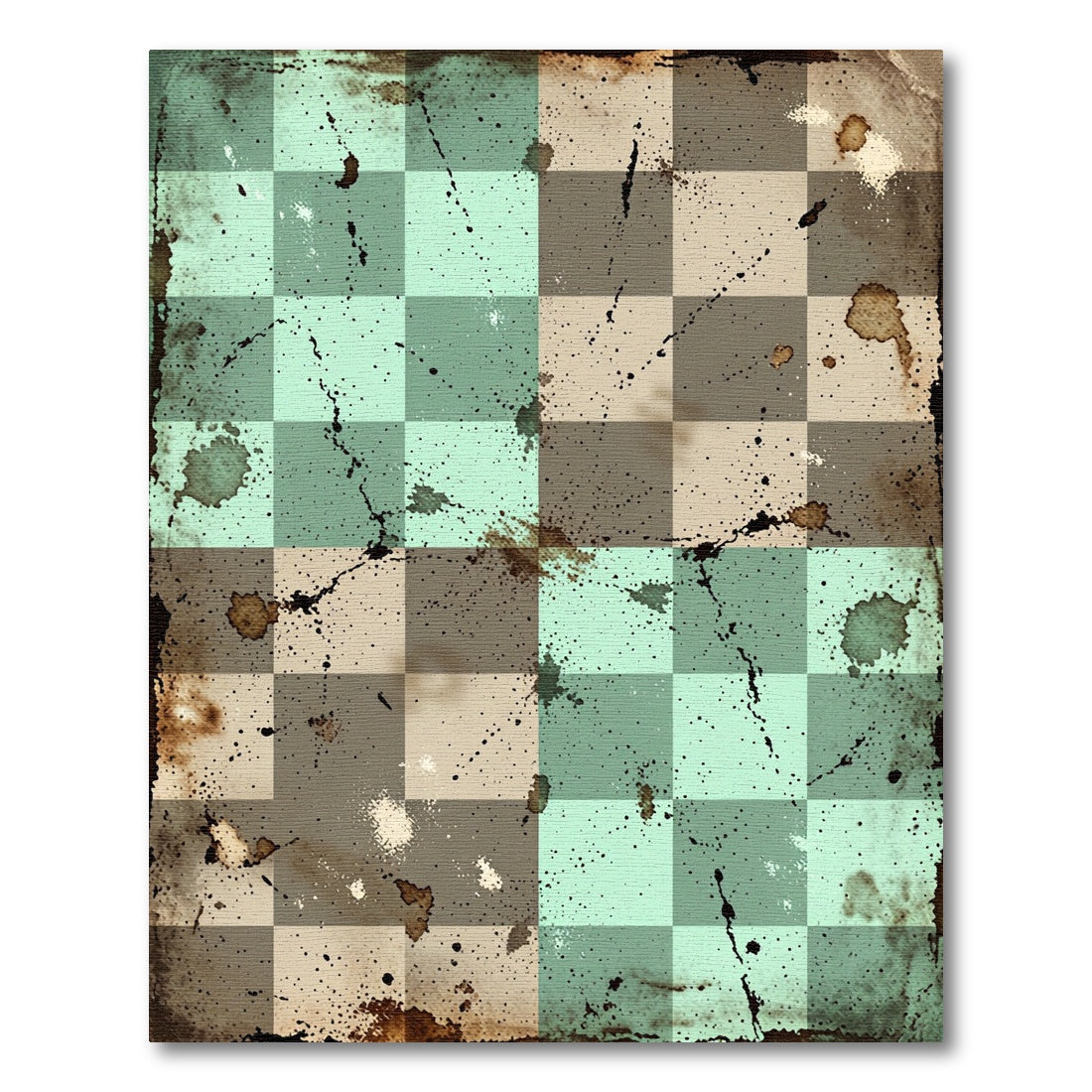 Distressed Teal and Taupe Checkered Grid Rug
