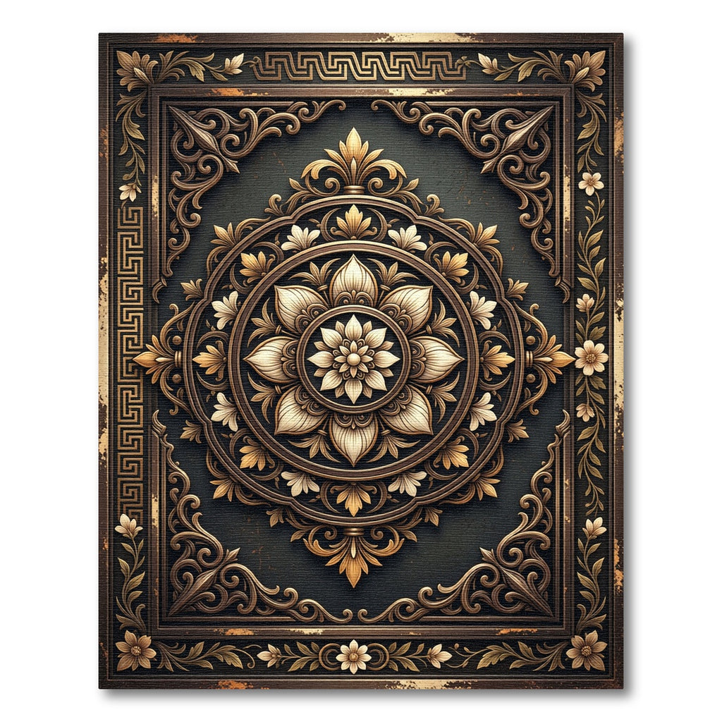 Ornate Golden Floral Mandala Dark Bronze Rug