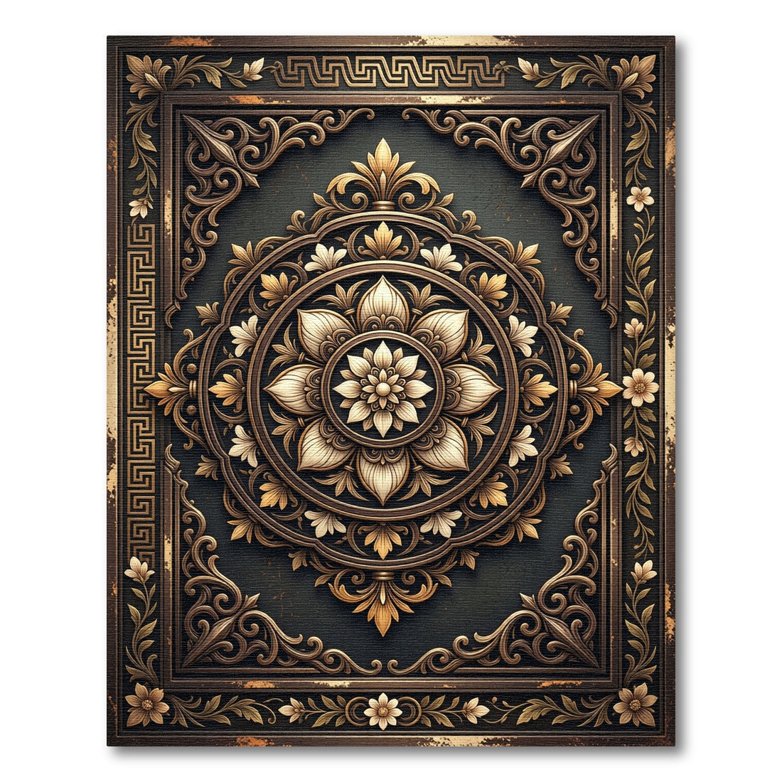 Ornate Golden Floral Mandala Dark Bronze Rug