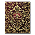 Ornate Gold Scrollwork Crimson Emblem Rug