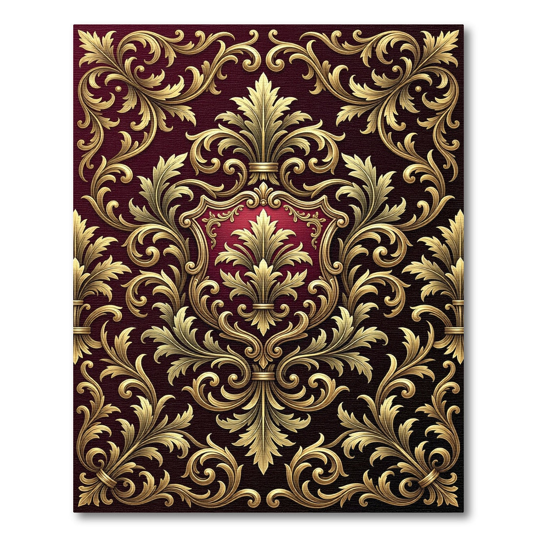 Ornate Gold Scrollwork Crimson Emblem Rug