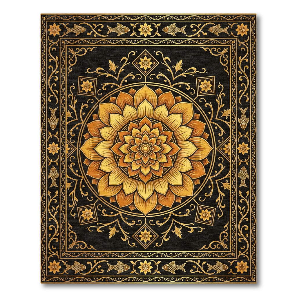 Golden Lotus Mandala with Fish Accents Rug
