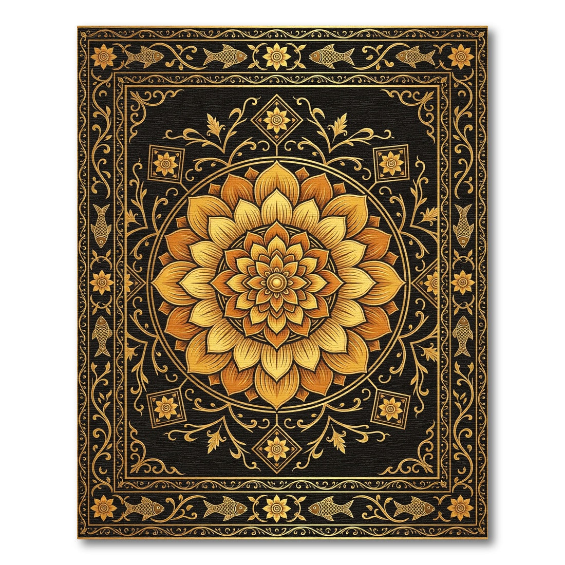 Golden Lotus Mandala with Fish Accents Rug