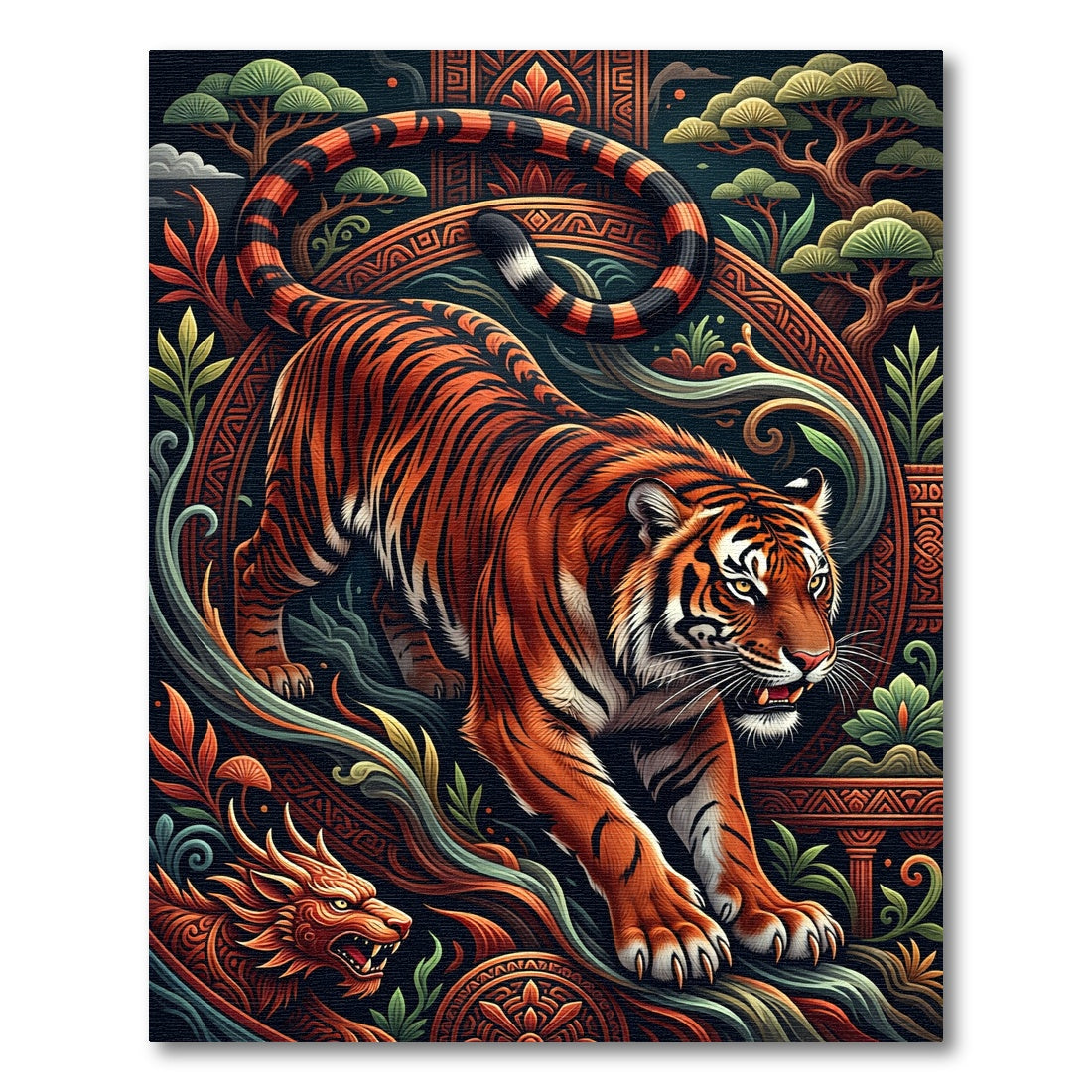 Crimson Tiger Mythical Dragon Forest Rug