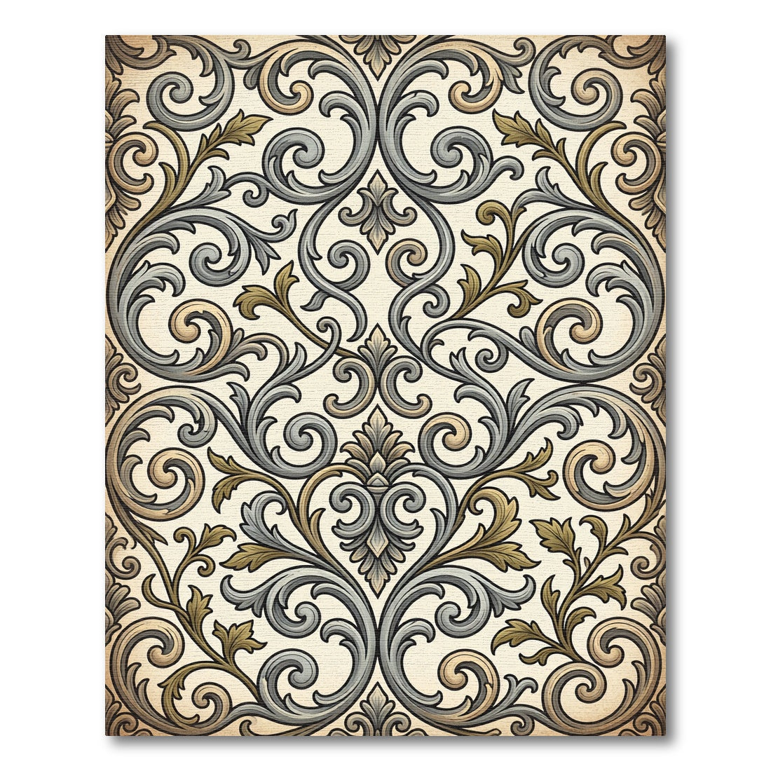Vintage Gold Silver Leaf Scroll Rug
