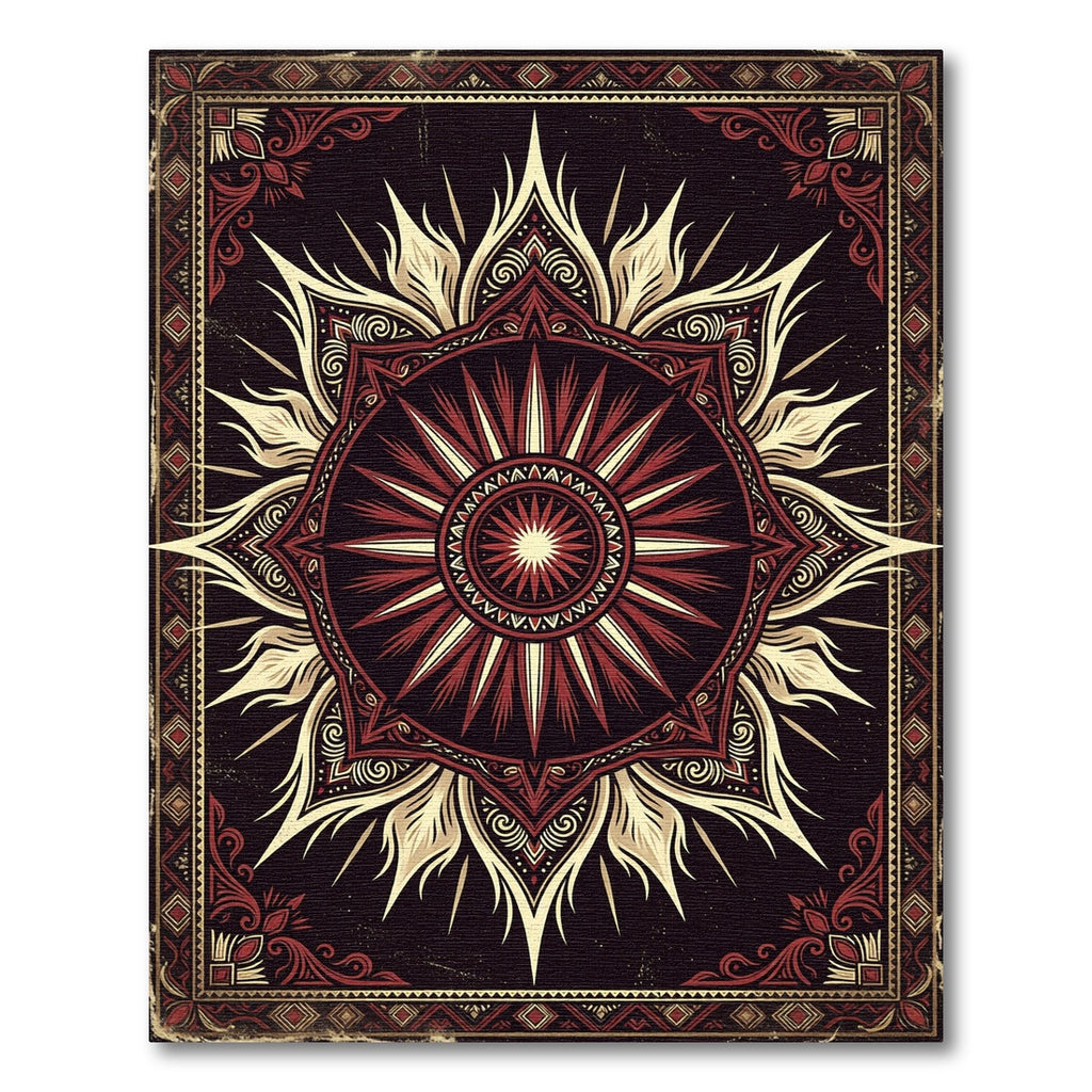 Crimson Gold Sunburst Mandala Rug