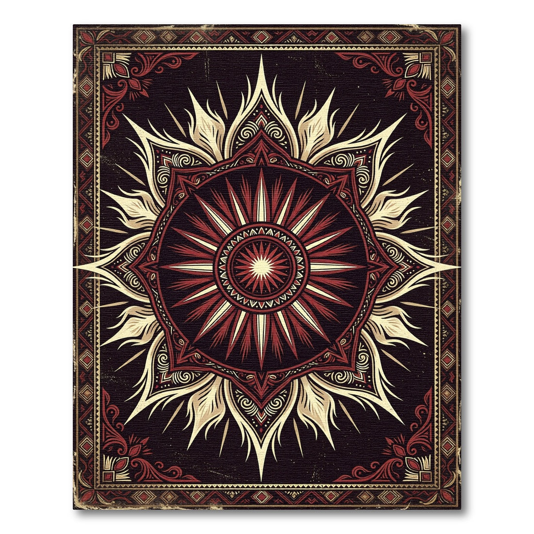 Crimson Gold Sunburst Mandala Rug