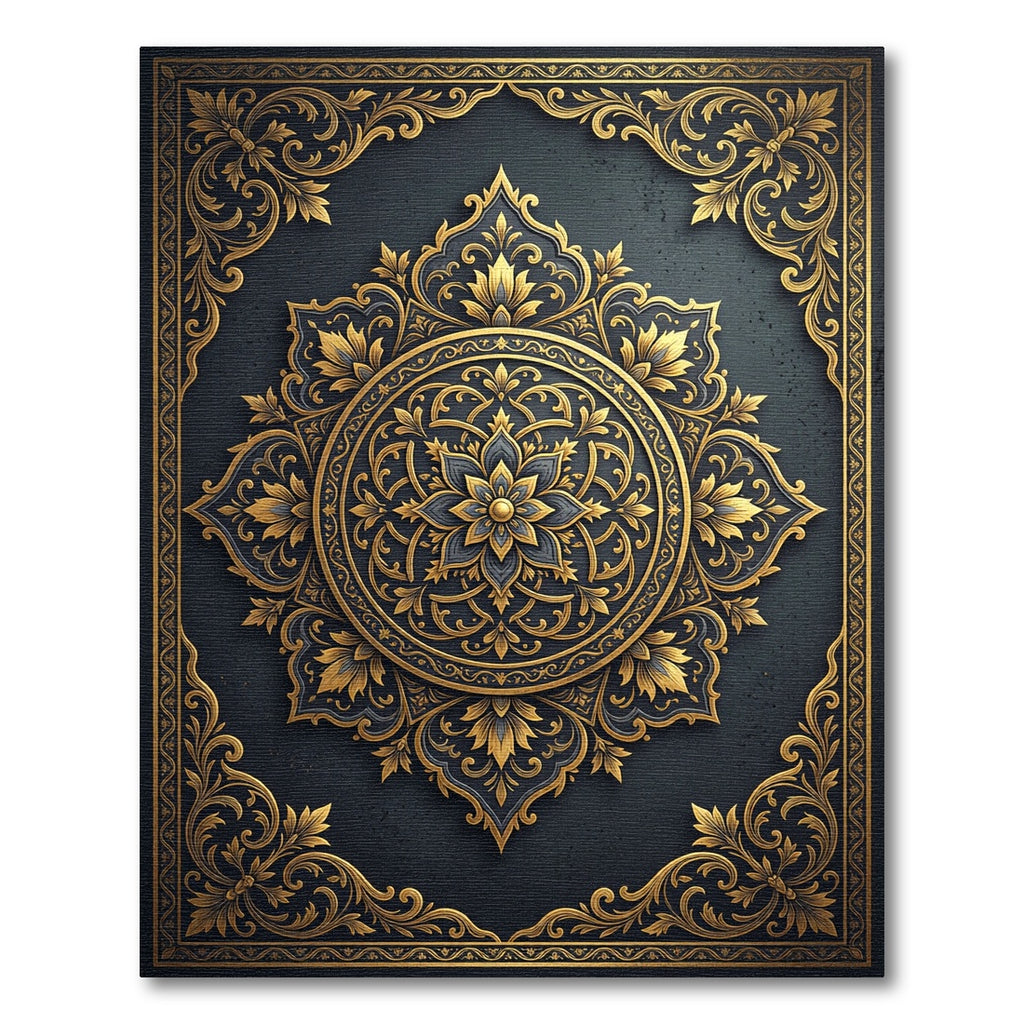 Elegant Navy and Gold Filigree Medallion Rug