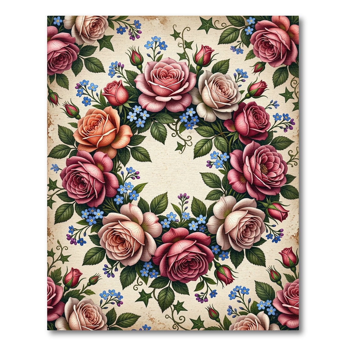 Vintage Floral Rose Wreath Medallion Rug