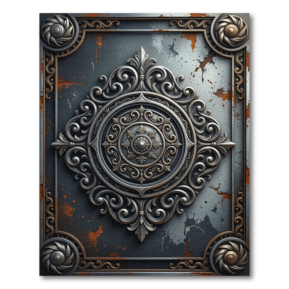 Ornate Metallic Gray Filigree Medallion Rug